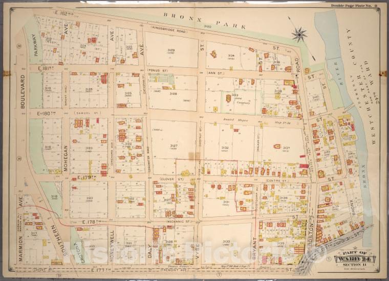Historic 1901 Map - Double Page Plate No. 8, Part Of Ward 24, Section 11. [Bounded B - Bronx (New York, N.Y.) - New York (State) - Vintage Wall Art