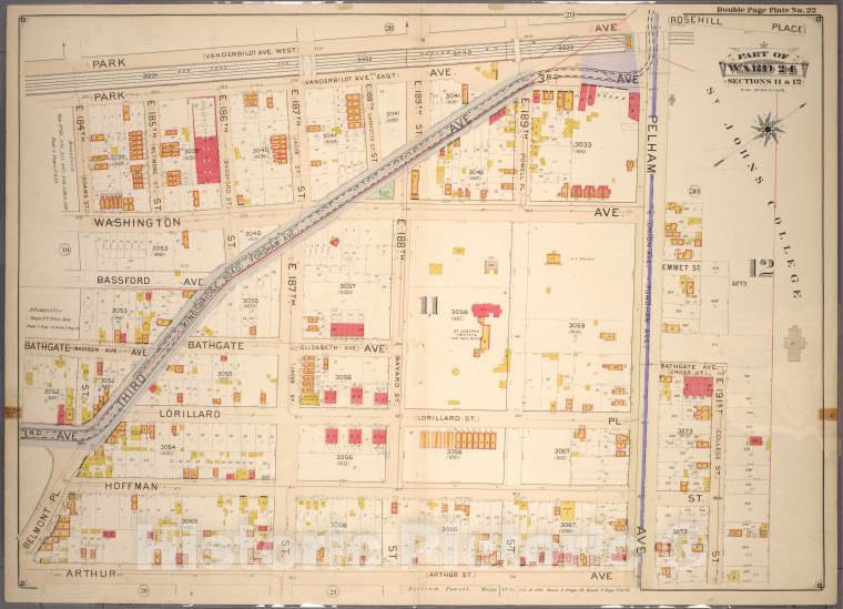 Historic 1901 Map - Double Page Plate No. 22, Part Of Ward 24, Section 11. [Bounded - Bronx (New York, N.Y.) - New York (State) - Vintage Wall Art