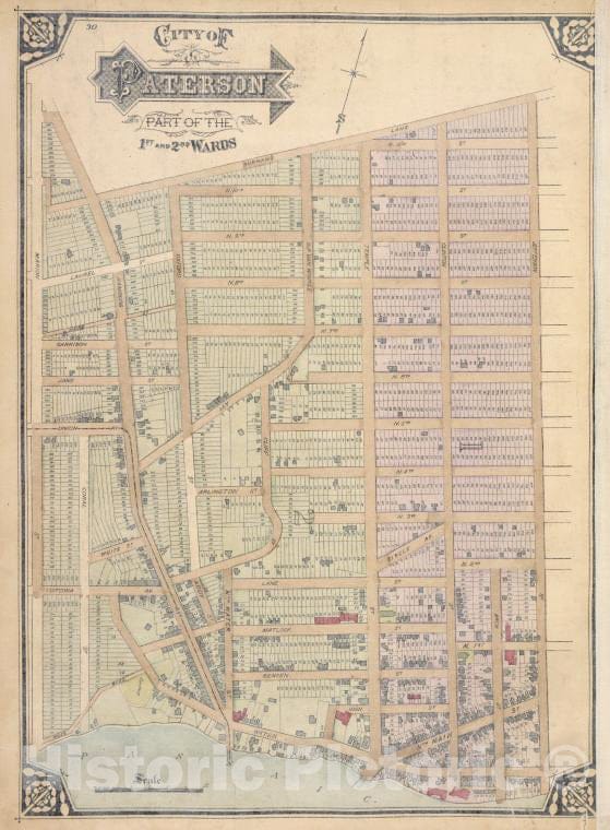 Historic Map - 1877 City Of Paterson. Part Of The 1St And 2Nd Wards - Vintage Wall Art, V2