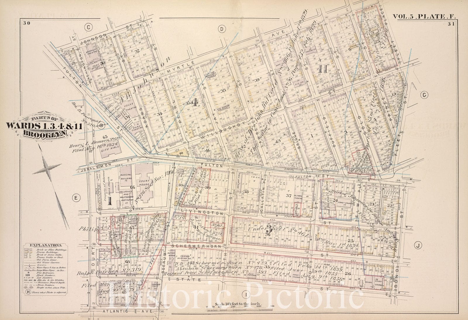 Historic Map - 1880 Brooklyn (New York, N.Y.),Johnson St Pearl St Myrtle Ave, Fleet Place, Fleet St Bond St State St Boerum St Atlantic Ave, Court St Fulton St; - Vintage Wall Art