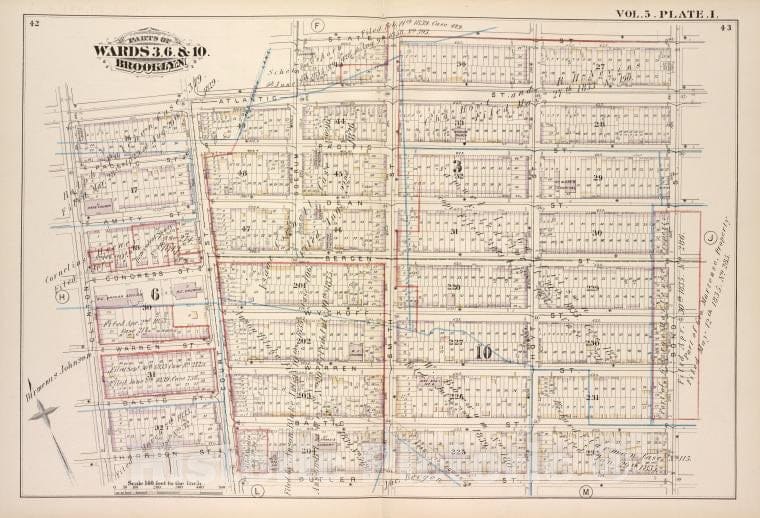 Historic Map - 1880 Brooklyn (New York, N.Y.), Ol. 5. Plate, I, Atlantic St State St Bond St Butler St Court St Harrison St Clinton St; - Vintage Wall Art