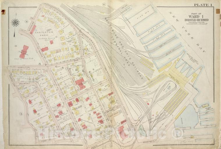 Historic 1917 Map - Plate 1, Part Of Ward 1 [Map Bound By Richmond Terrace (Bay St), Staten Island (New York, N.Y.) - Vintage Wall Art