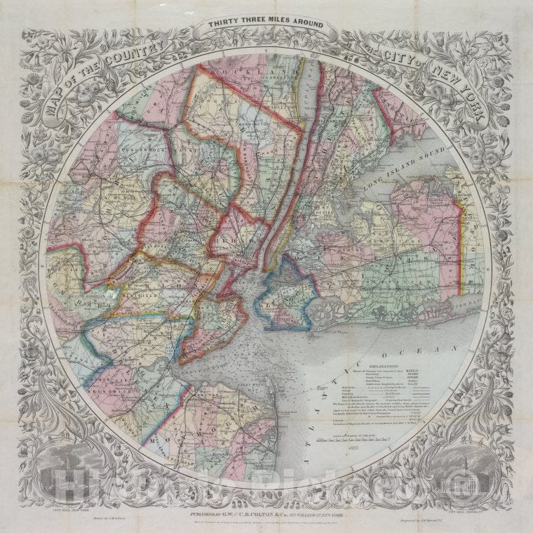 Historic 1873 Map - Map Of The Country Thirty Three Miles Around The City Of New York - New York Metropolitan Area - Maps Of New York City And State - Vintage Wall Art