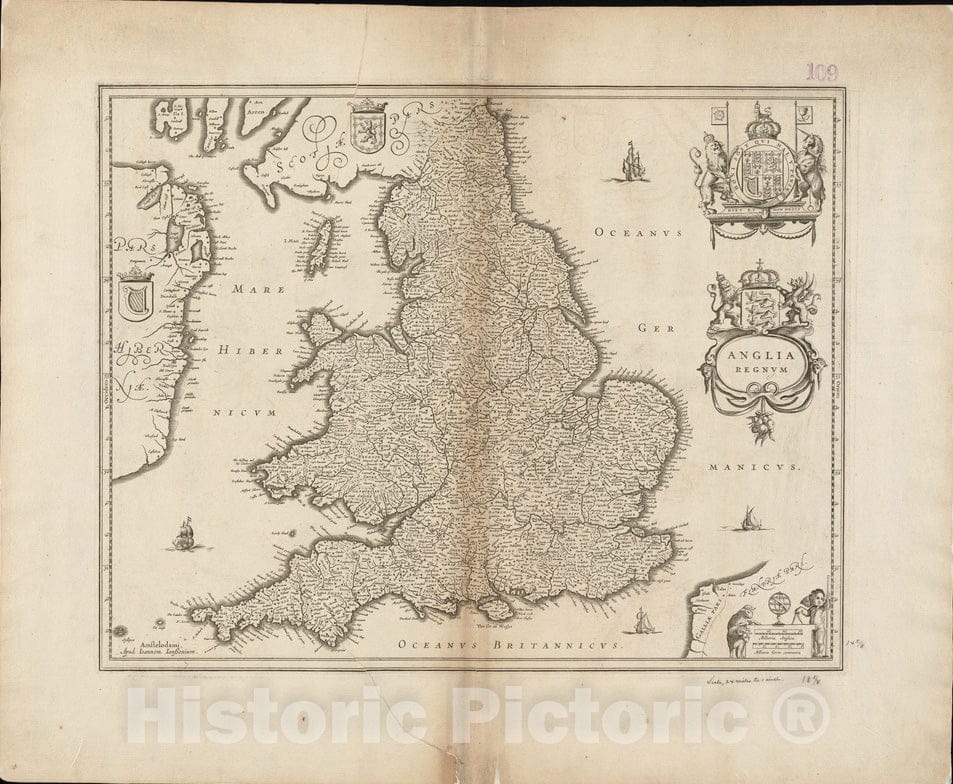 Historical Map, 1636 Anglia Regnum, Vintage Wall Art
