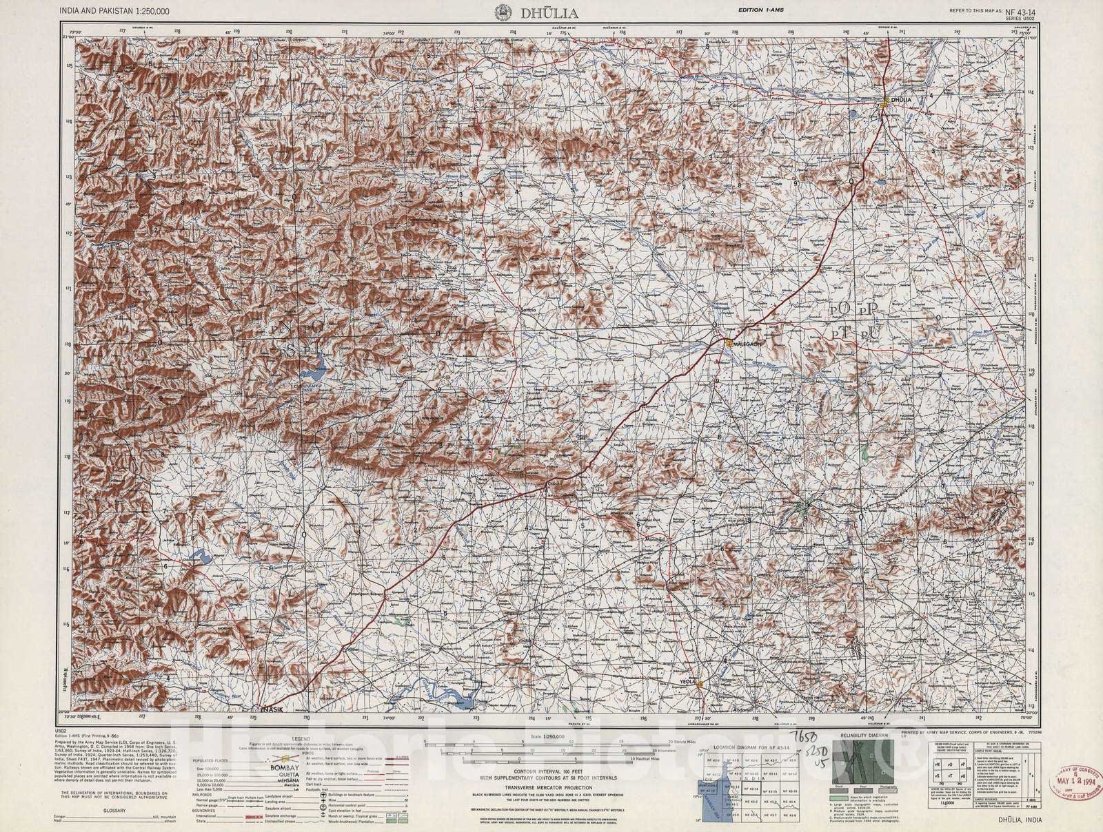 Historic 1955 Map - India and Pakistan 1:250,000. - Dhulia, 1956