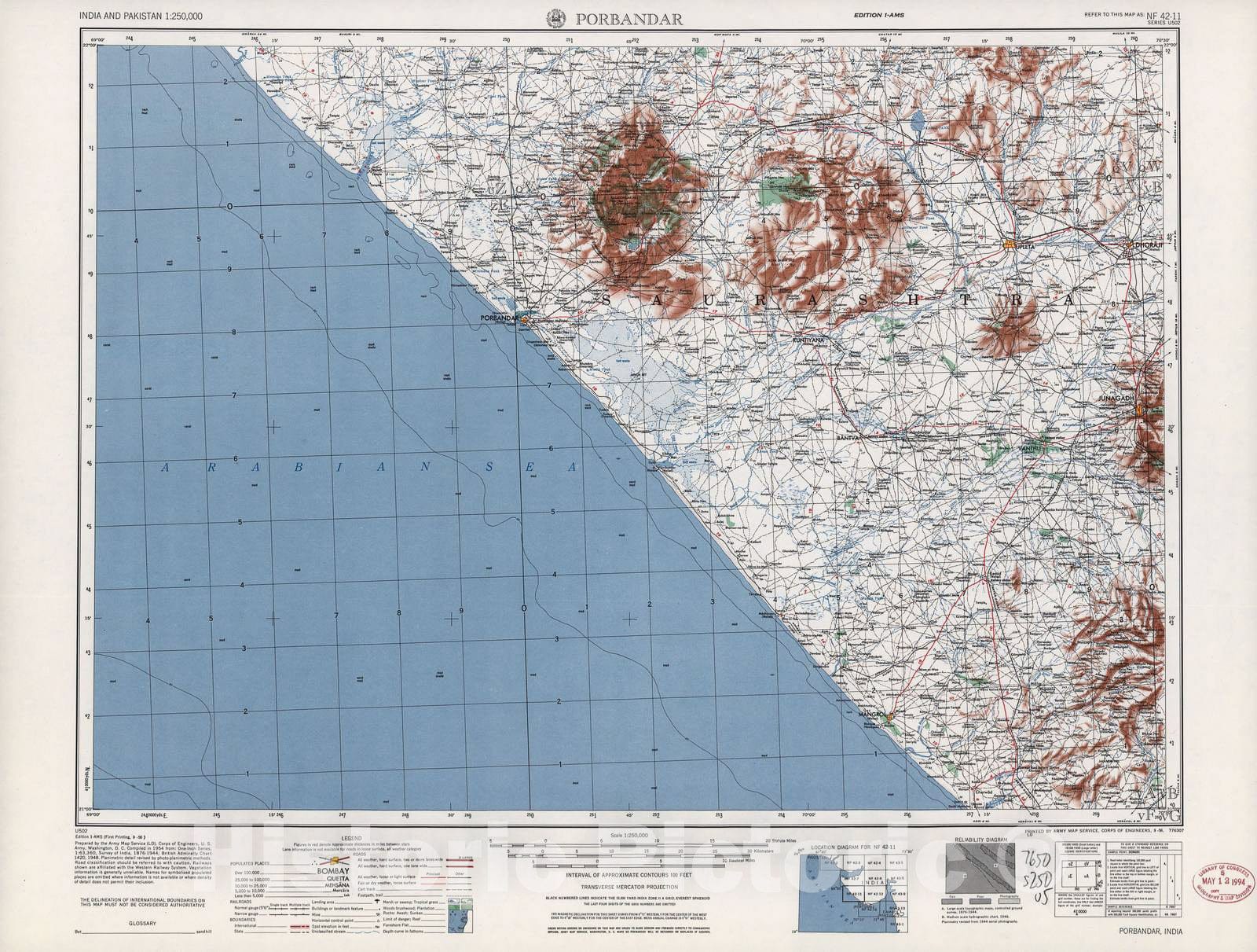 Historic 1955 Map - India and Pakistan 1:250,000. - Porbandar, 1956