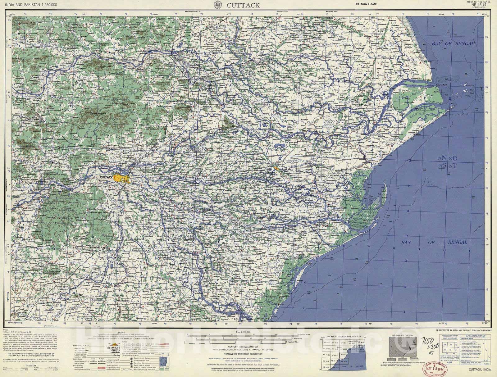 Historic 1955 Map - India and Pakistan 1:250,000. - Cuttack, 1959