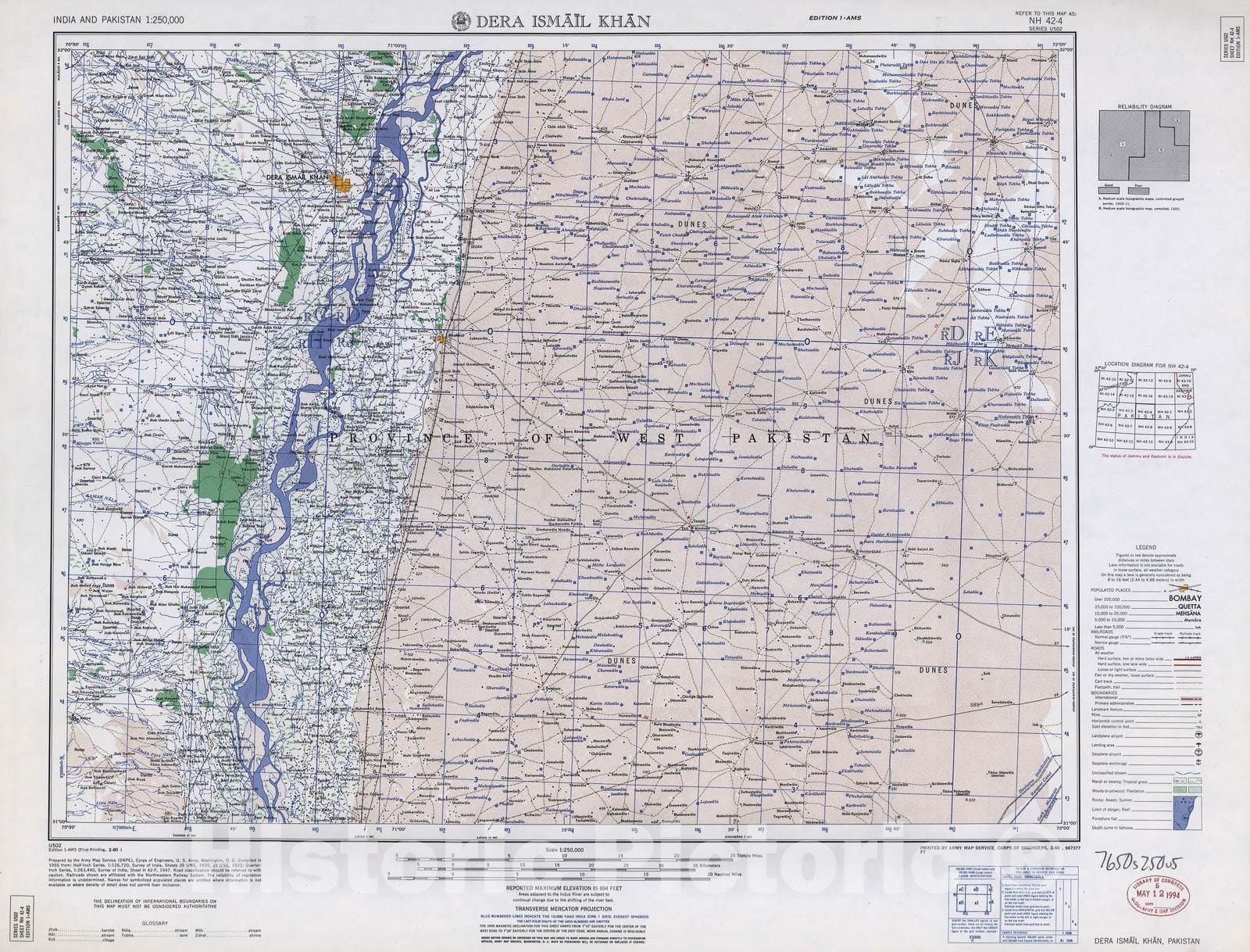 Historic 1955 Map - India and Pakistan 1:250,000. - Dera Ismail Khan, Pakistan 1960