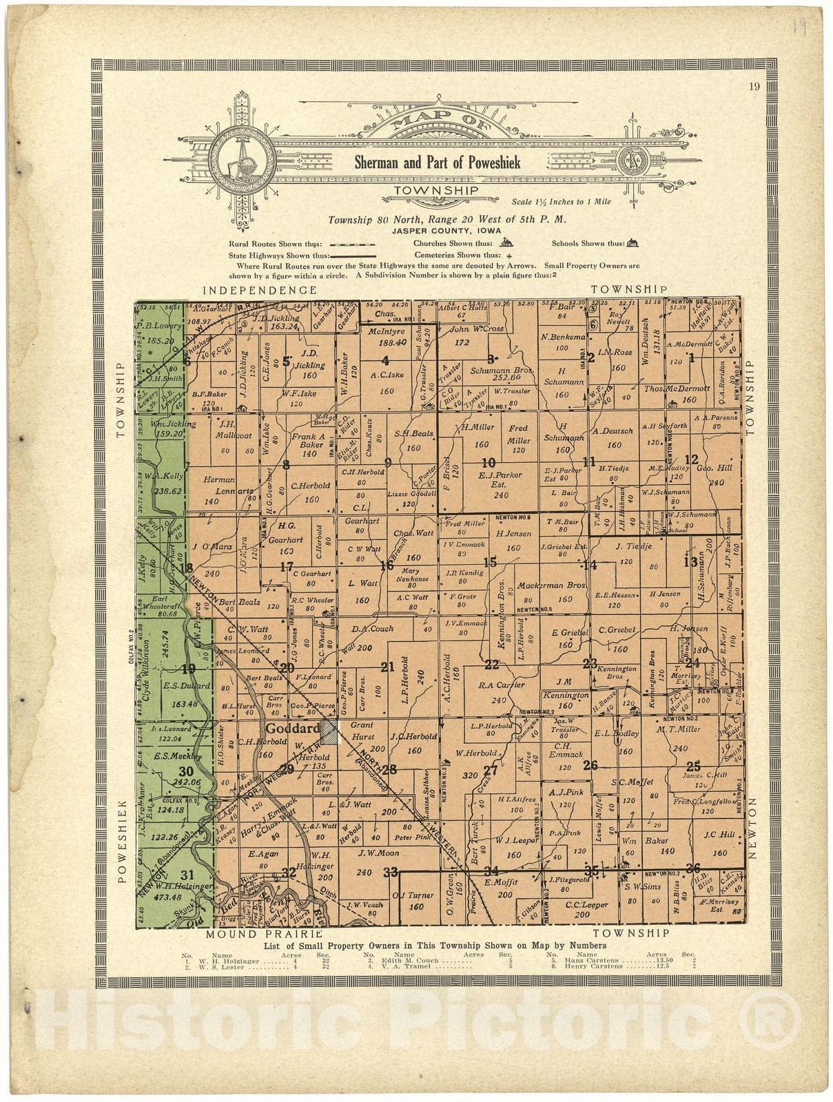 Historic 1914 Map - Atlas and plat Book of Jasper County, Iowa - Map of Sherman and Part of Poweshiek Township - Standard Atlas and Directory of Jasper County, Iowa
