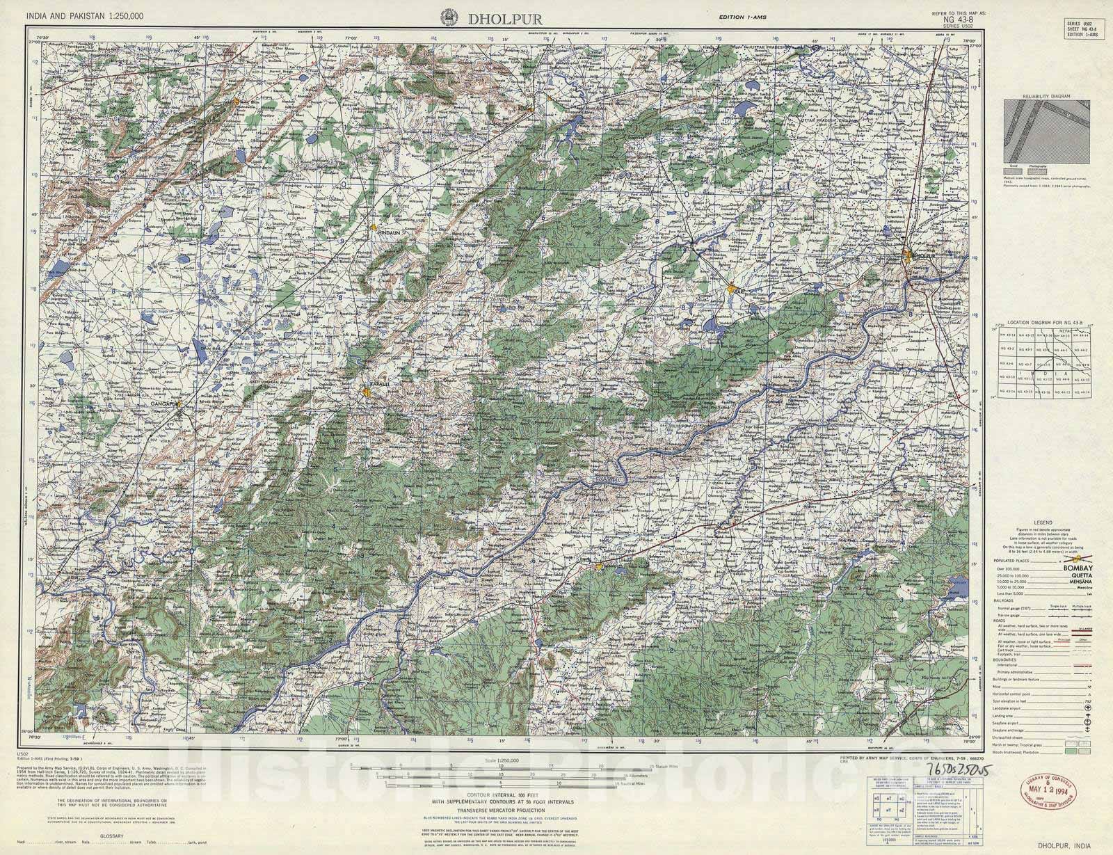Historic 1955 Map - India and Pakistan 1:250,000. - Dholpur, India 1959