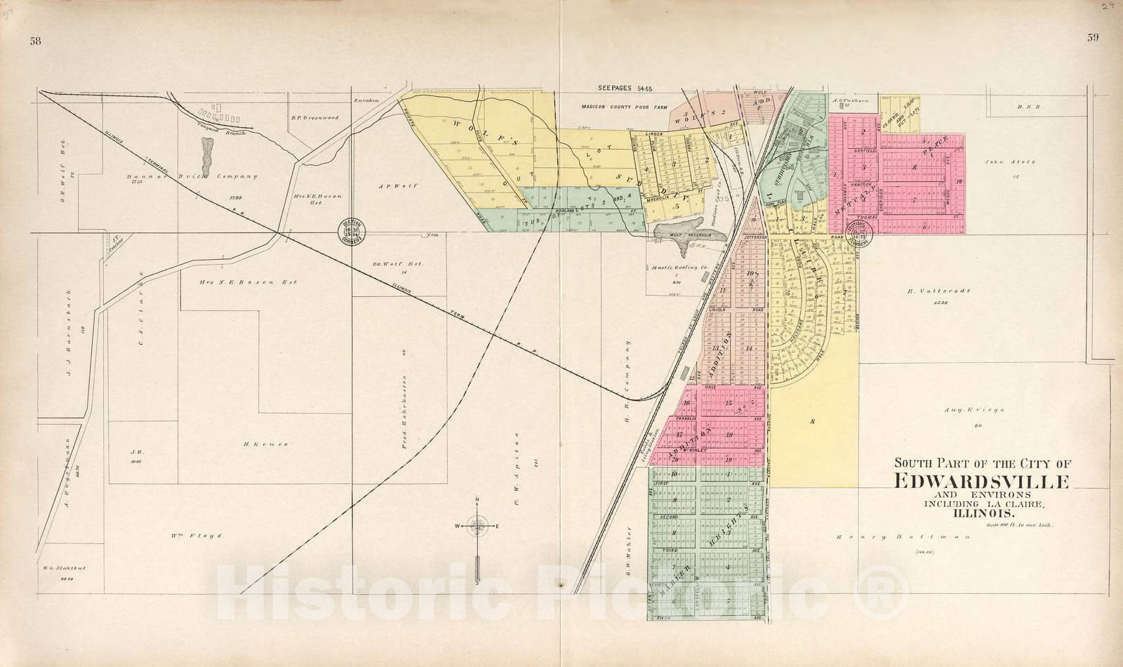 Historic 1906 Map - Standard Atlas of Madison County, Illinois - South Part of Edwardsville