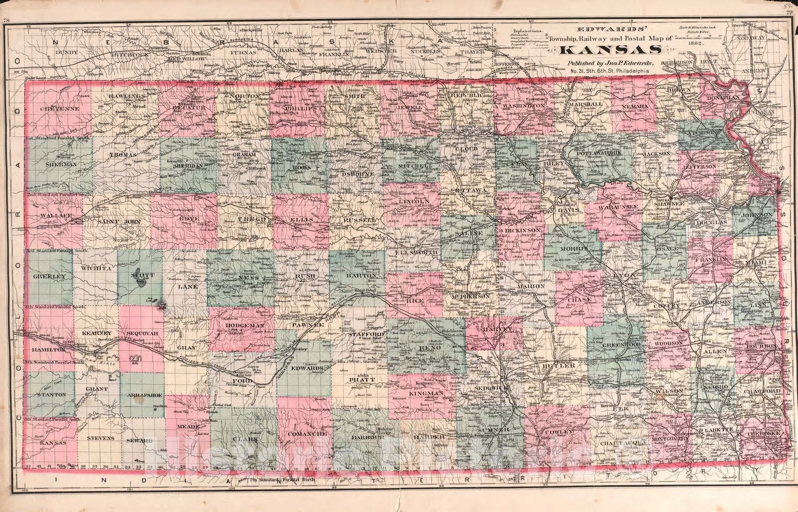 Historic 1882 Map - Historical Atlas of Cowley County, Kansas - Kansas - Edwards' Historical Atlas of Cowley Co, Kansas