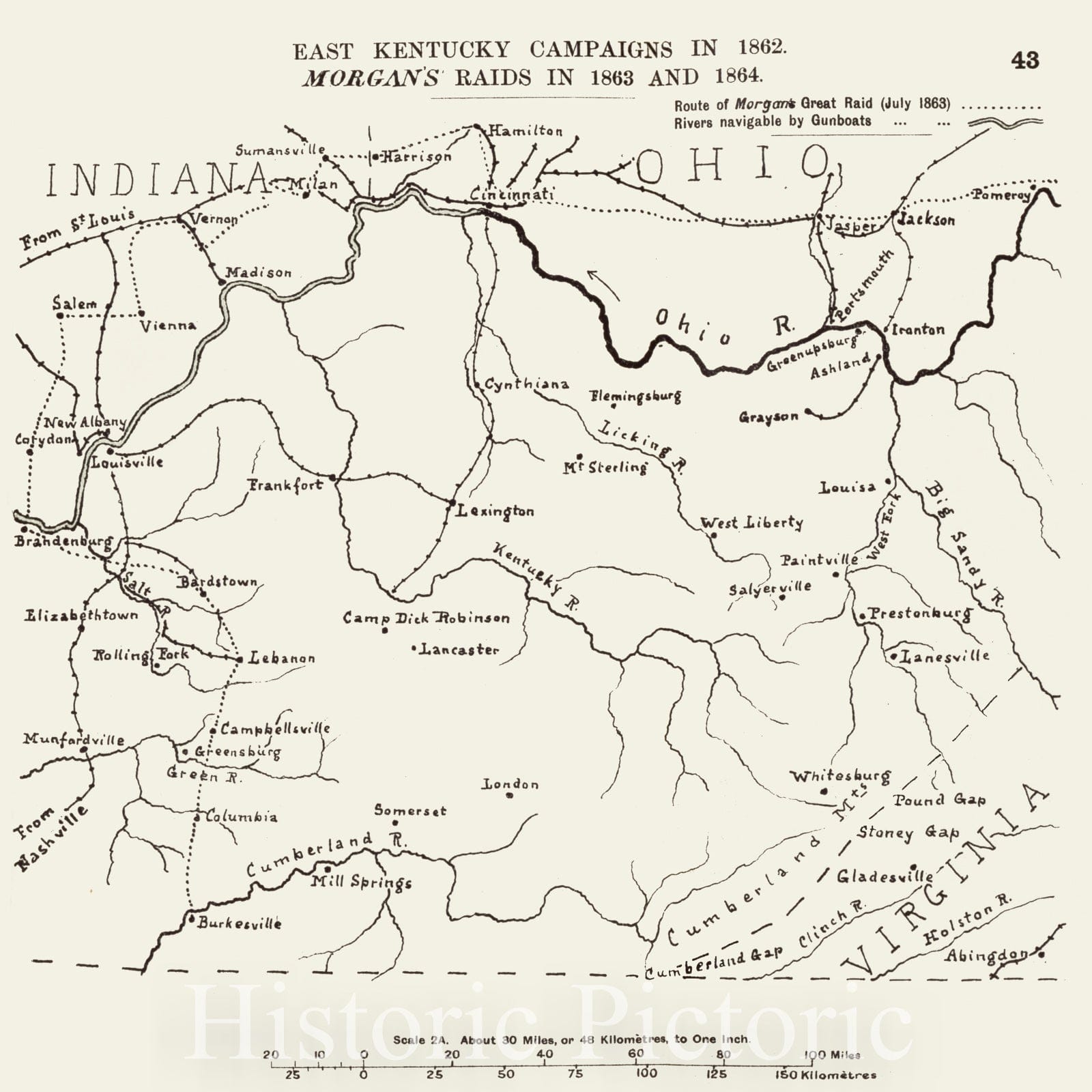 Historic 1910 Map - The American Civil War-maps. - East Kentucky campaigns in 1862, Morgan's raids in 1863-1864 2