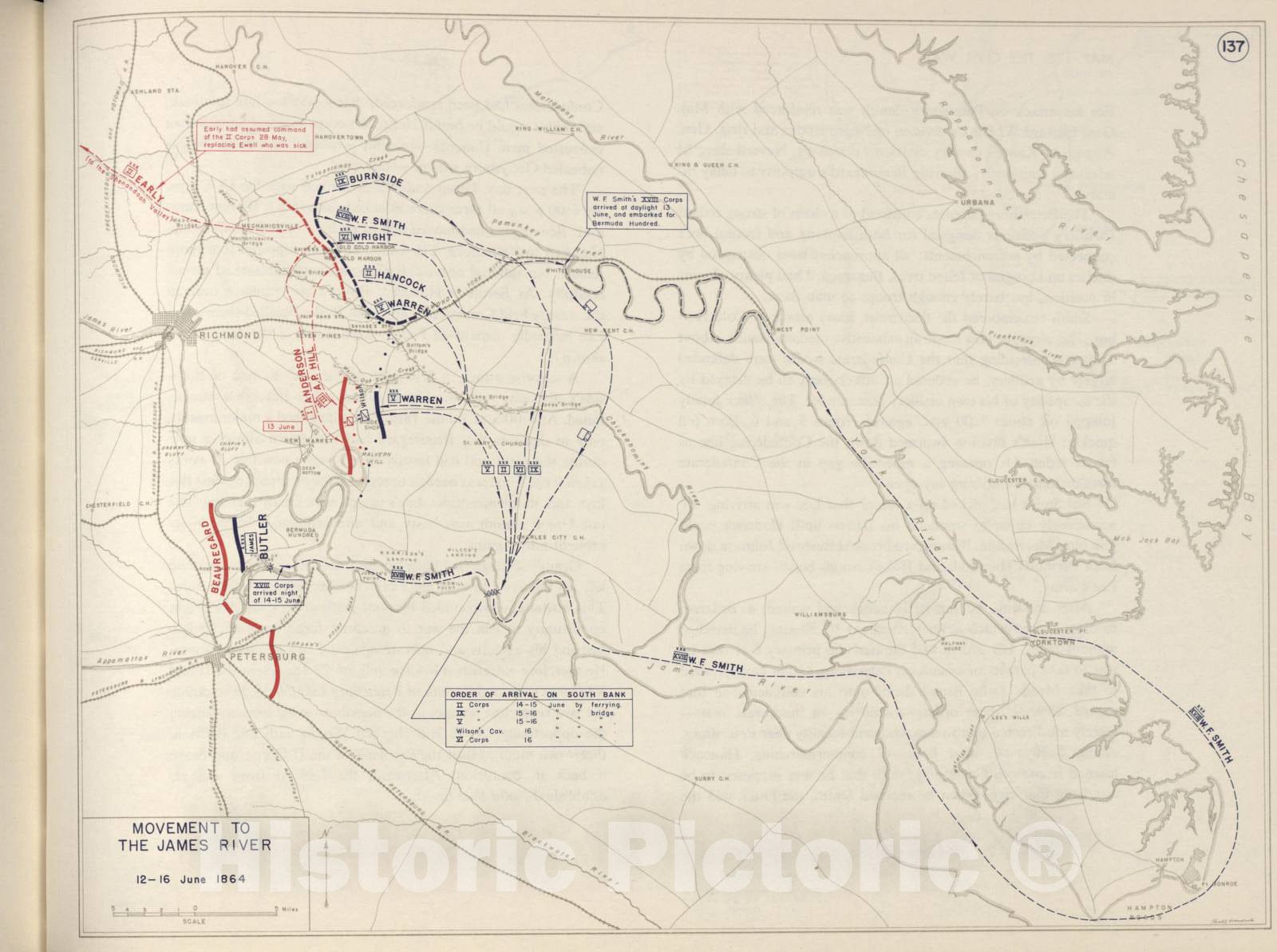 Historic 1962 Map - The West Point Atlas of The Civil War - Movement to The James River, June 1864