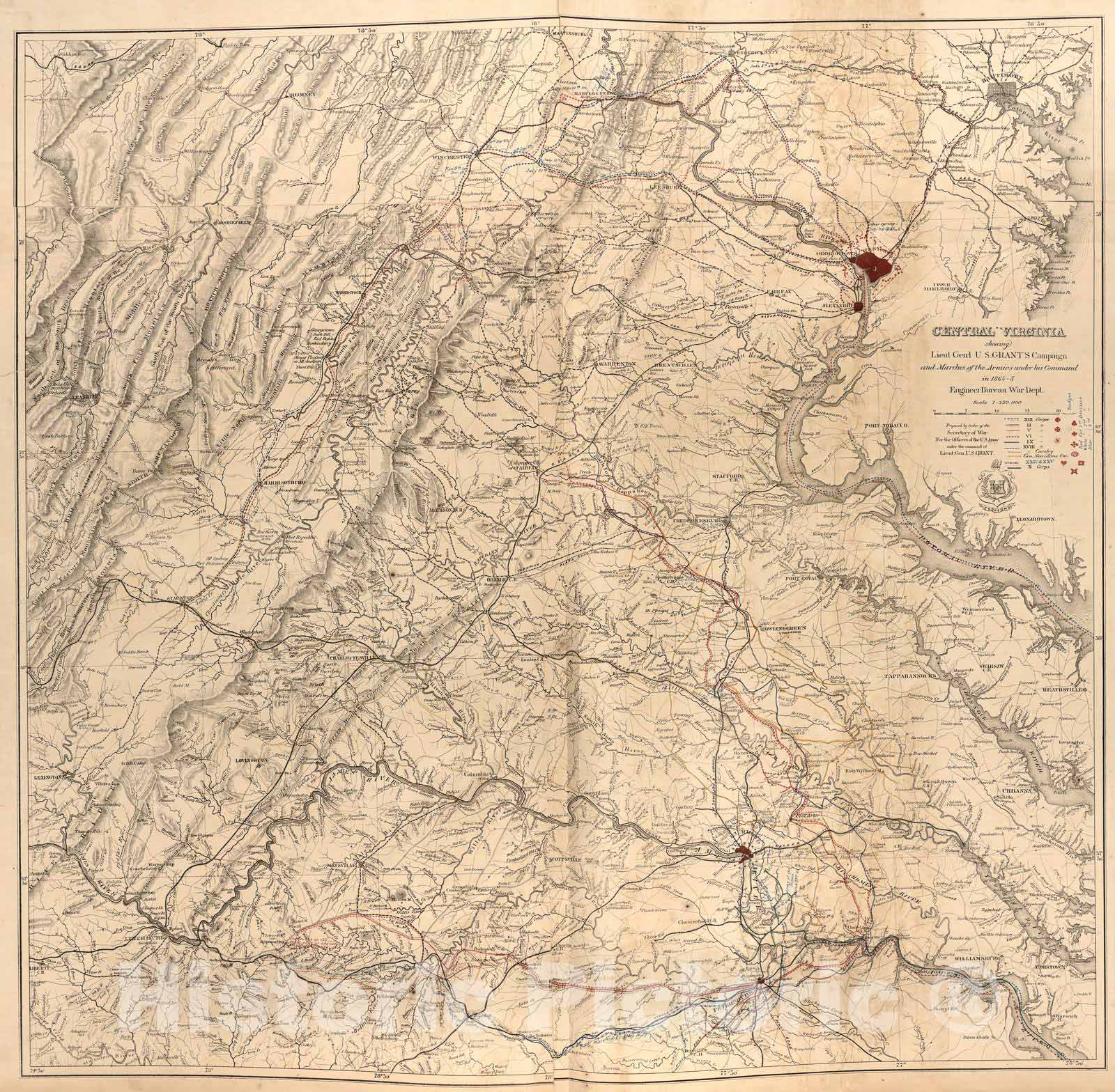 Historic 1879 Map - Military maps. - Central Va, 1864-65; Operations of The Armies of The Potomac and James