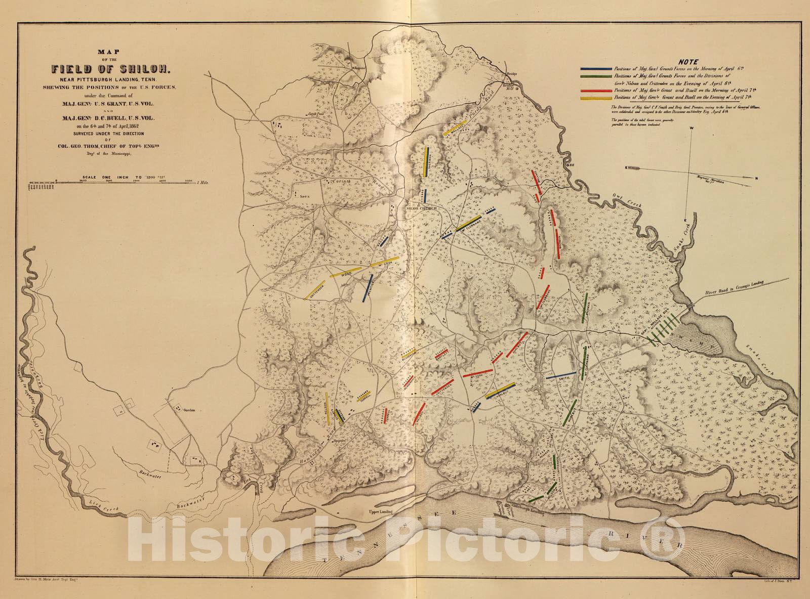 Historic 1883 Map - Military maps of The United States. - Map of Field of Shiloh, Near Pittsburgh Landing, Tenn, April, 1862