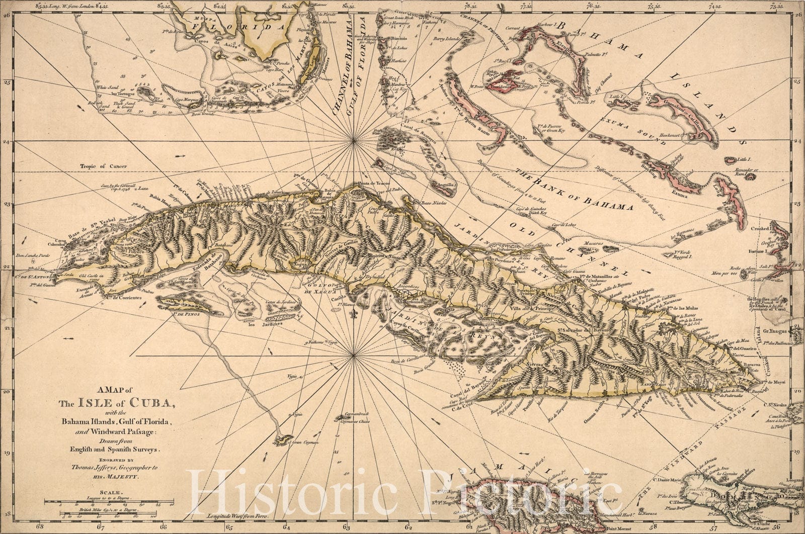 Historic 1762 Map - A map of The isle of Cuba, with The Bahama Islands, Gulf of Florida, and Windward Passage: Drawn from English and Spanish surveys.