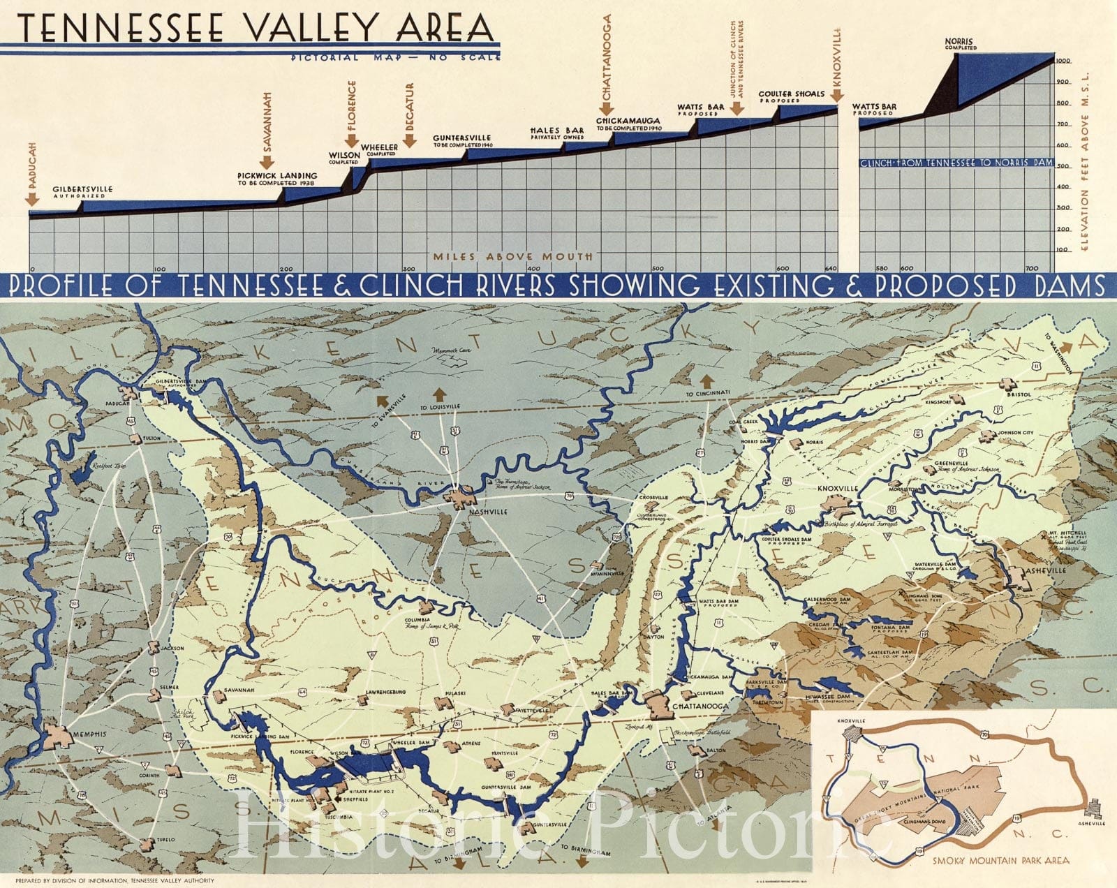 Historic 1939 Map - Tennessee Valley Area: pictorial map