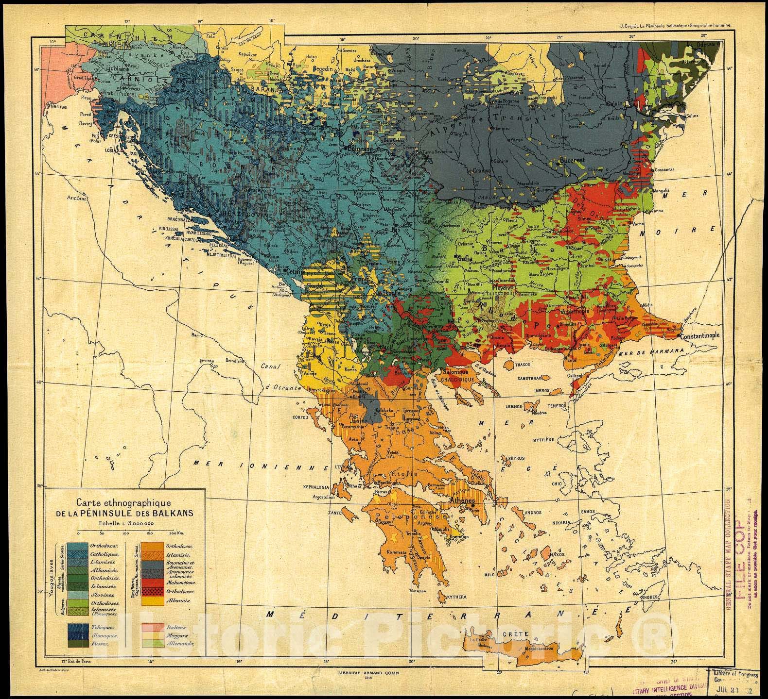 Historic 1918 Map - Carte ethnographique de la Péninsule des Balkans
