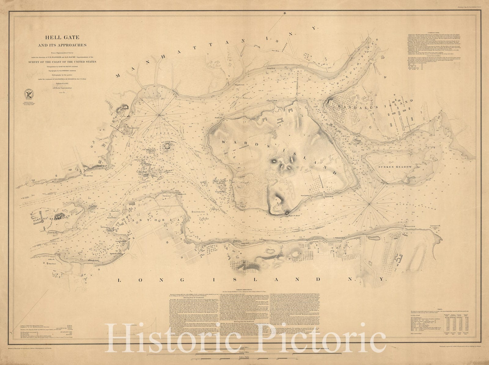 Map : Hell Gate, New York 1853, Hell Gate and its approaches , Antique Vintage Reproduction