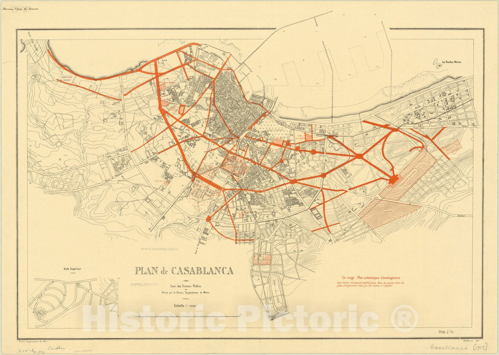 Map : Casablanca, Morocco 1917, Plan de Casablanca , Antique Vintage R –  Historic Pictoric, image size:1600x1138