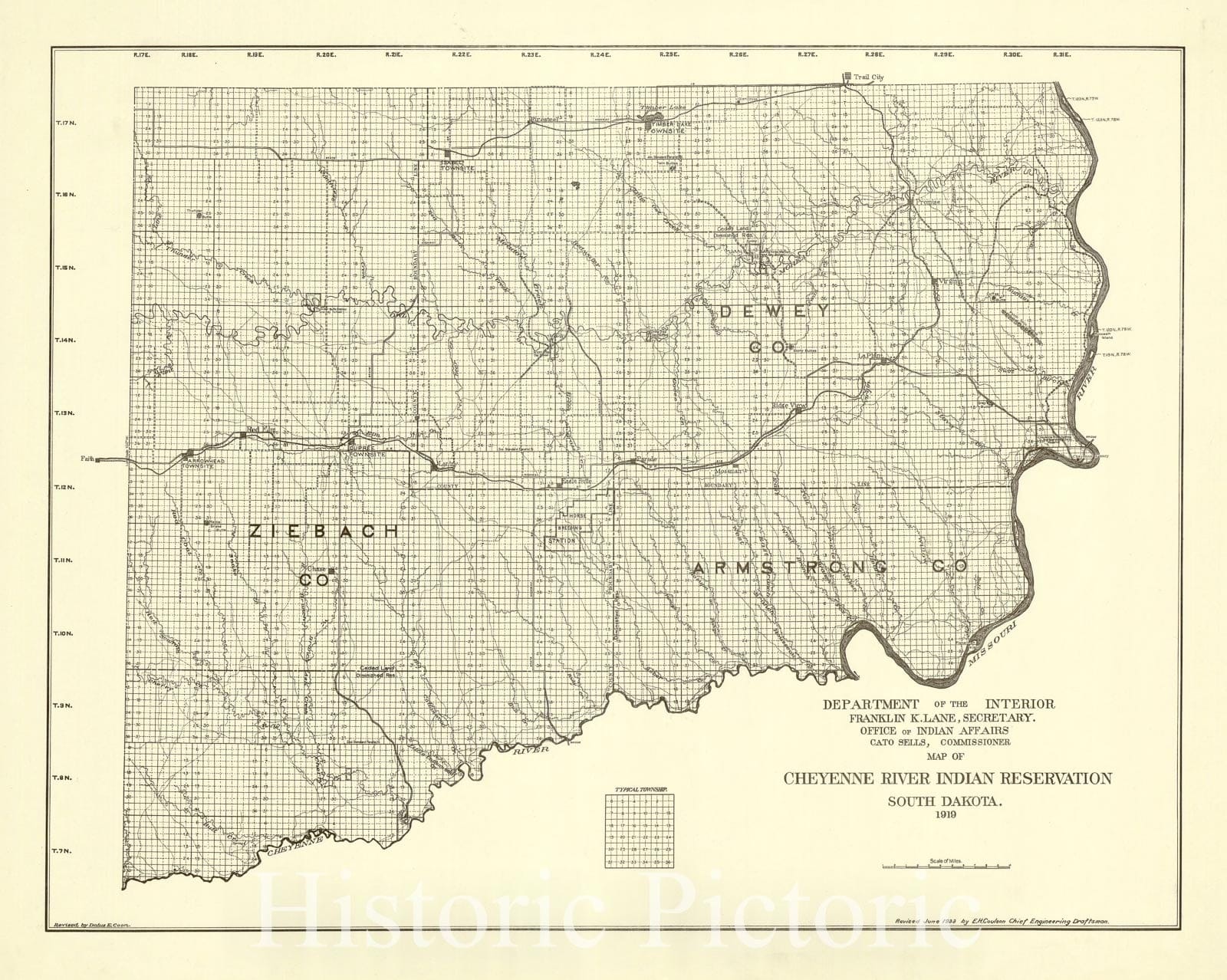 Map : Cheyenne River Indian Reservation, South Dakota 1933, Map of Cheyenne River Indian Reservation, South Dakota : 1919 , Antique Vintage Reproduction