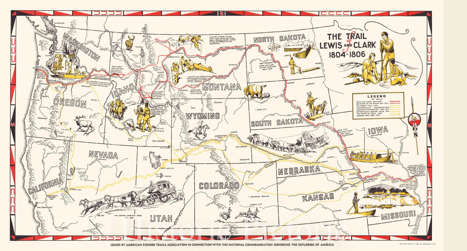 Map : United States, western 1806 1945, The trail of Lewis and Clark 1804-1806 , Antique Vintage Reproduction
