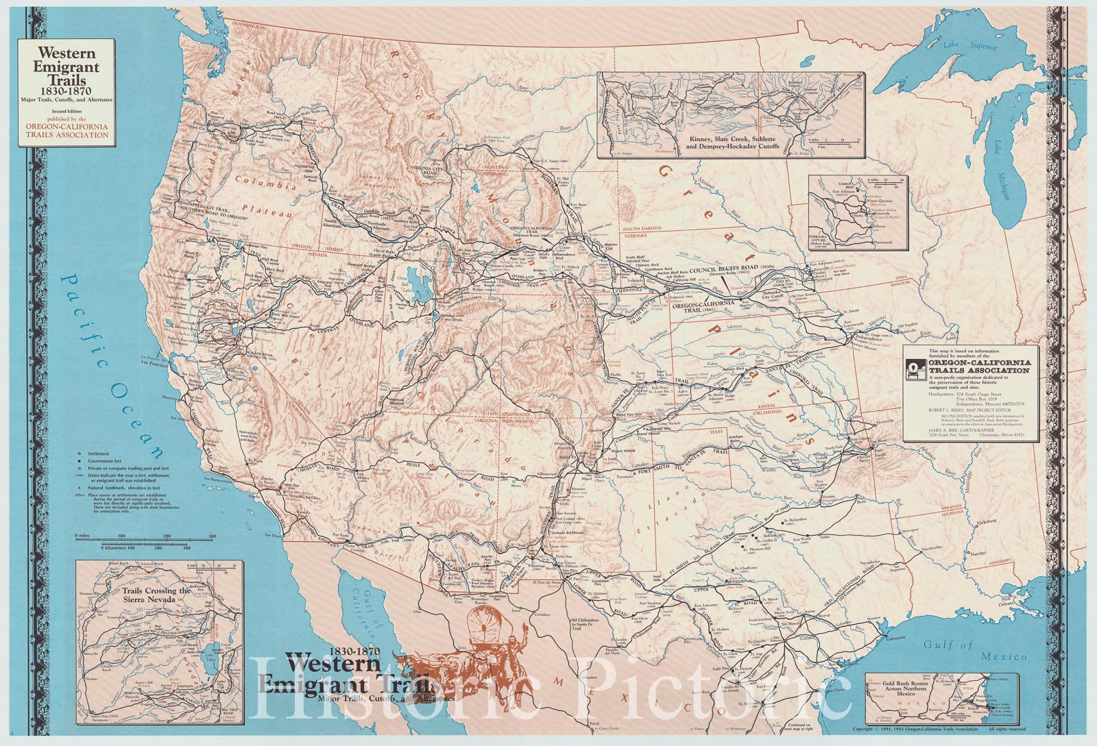 Map : United States, west 1870 1993, 1830-1870 western emigrant trails, major trails, cutoffs, and alternates , Antique Vintage Reproduction