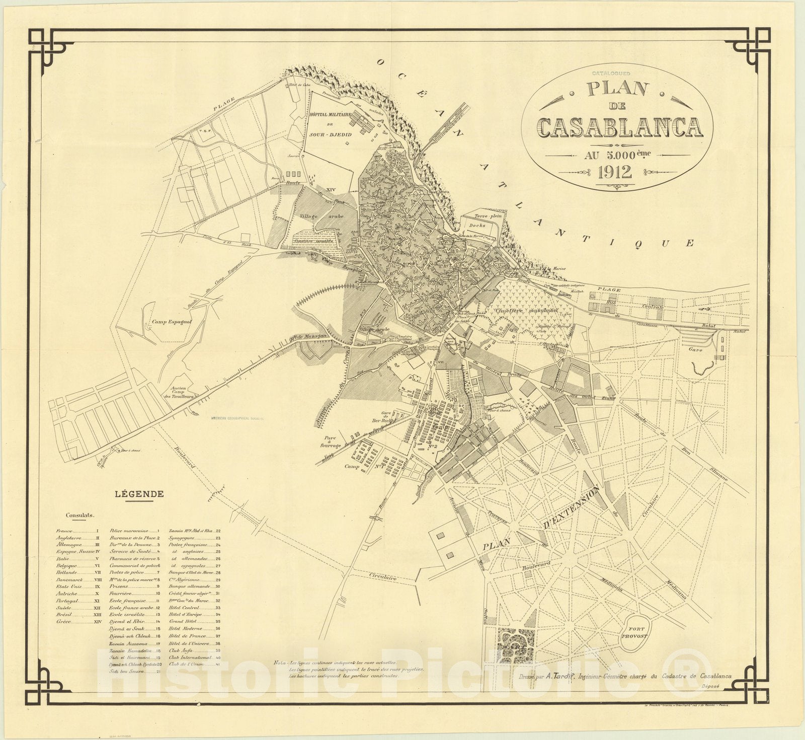 Map : Casablanca, Morocco 1912, Plan de Casablanca , Antique Vintage  Reproduction, image size:1600x1470