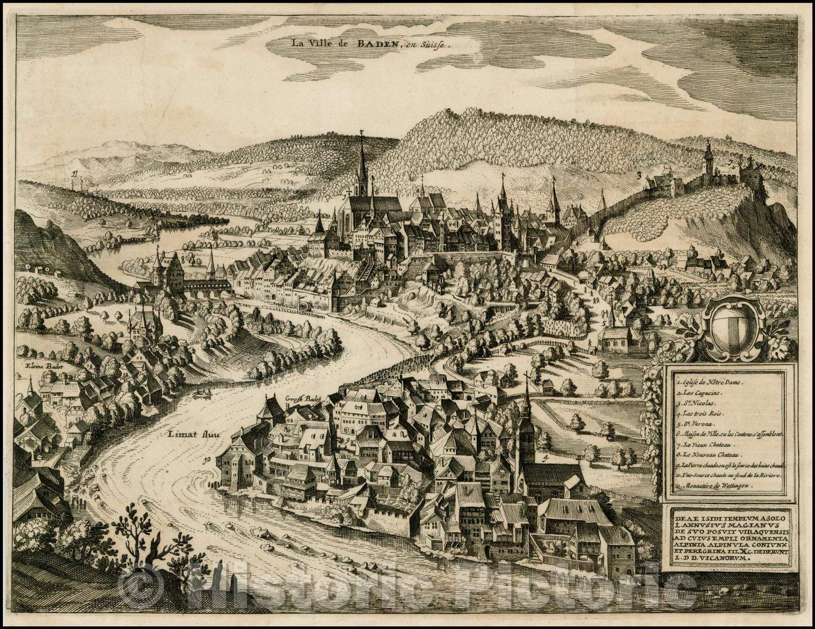 Historic Map - La Ville de Baden, en Suisse/View of Baden on the Limat River, with coat of arms, 1723, Pieter van der Aa - Vintage Wall Art