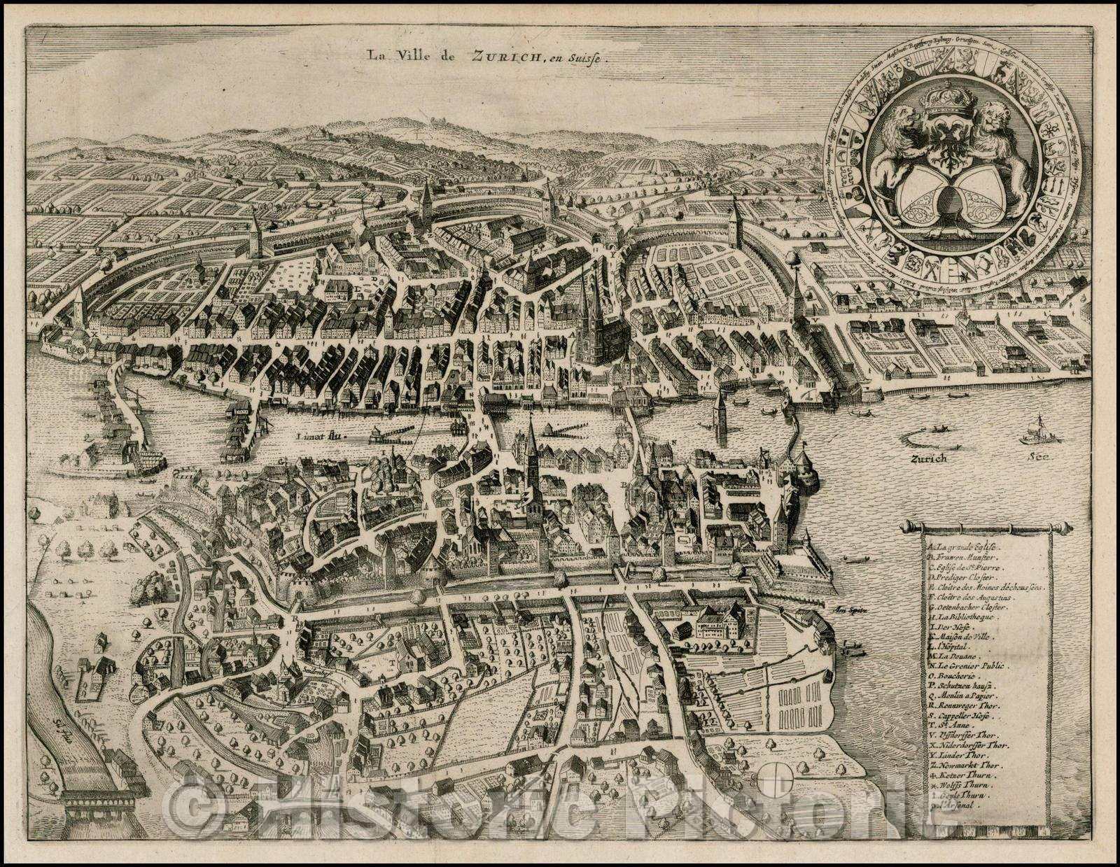 Historic Map - La Ville de Zurich, en Suisse/View of Zurich on the LImat River, with coat of arms, 1723, Pieter van der Aa - Vintage Wall Art