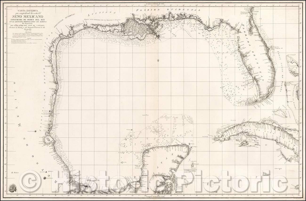 Historic Map - Carta esf?ica que comprehende las costas del Seno Mexicano construida/Spanish Sea Chart of the Gulf Coast, Florida, Texas, etc, 1799 - Vintage Wall Art