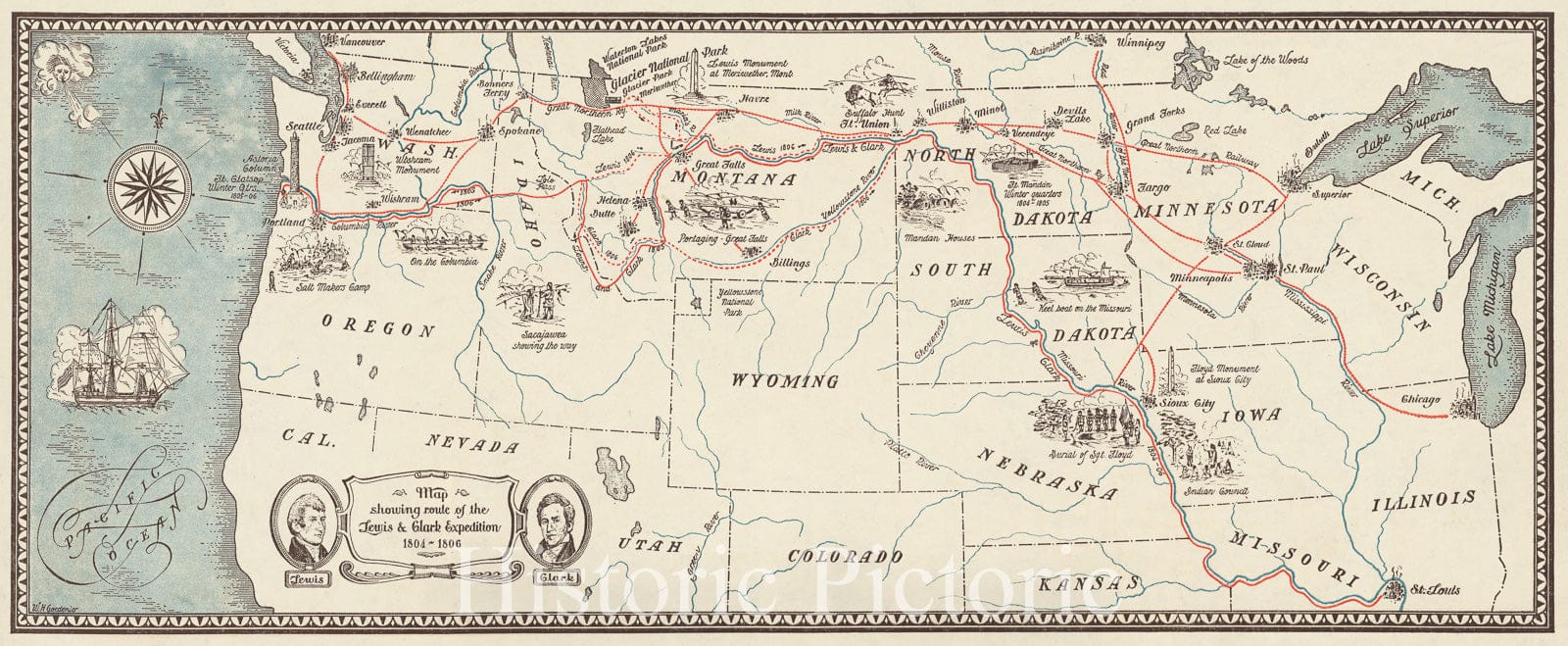 Historic Map : Map showing route of the Lewis & Clark Expedition 1804-1806., 1927, Vintage Wall Decor