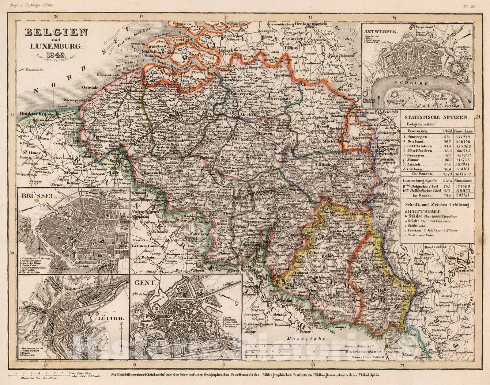 Historic Map : Belgien und Luxemburg 1849, 1852, Vintage Wall Decor