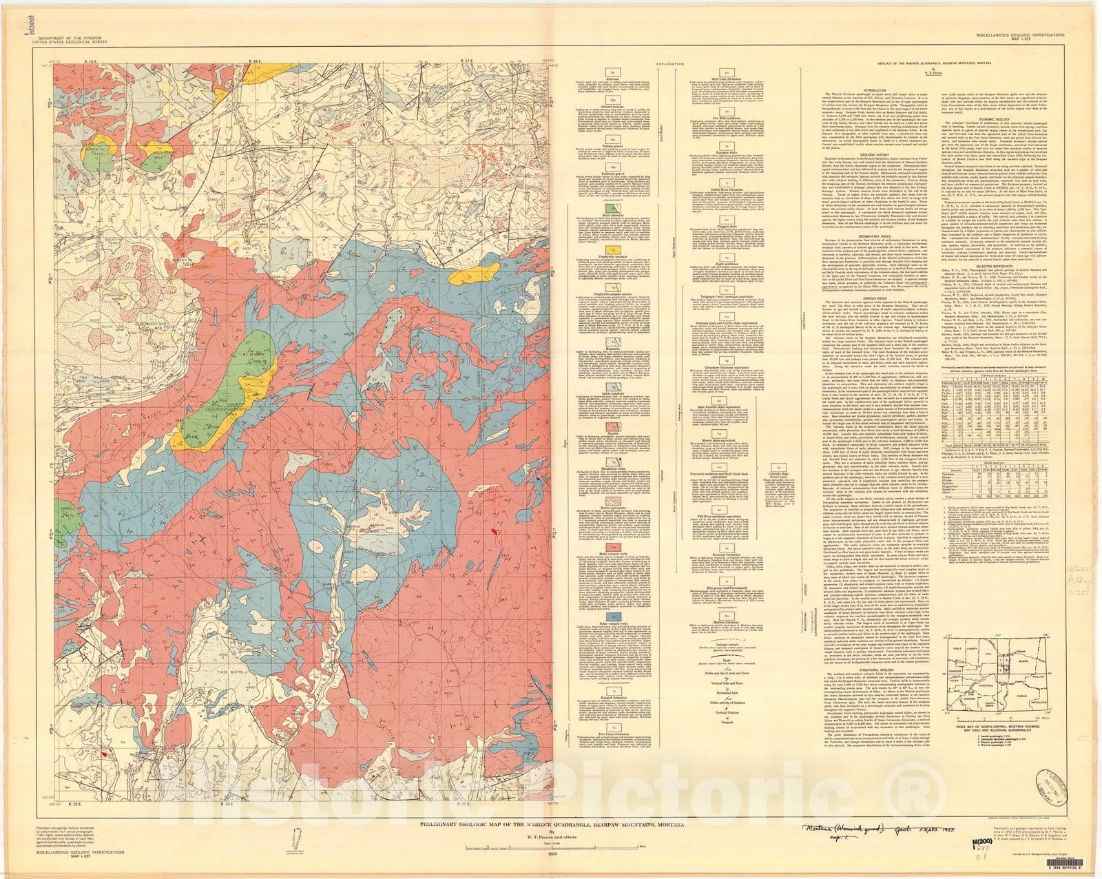 Map : Preliminary geologic map of the Warrick quadrangle, Bearpaw Mountains, Montana, 1957 Cartography Wall Art :