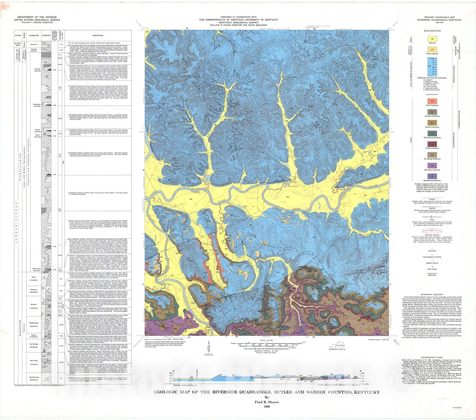 Map : Geologic map of the Riverside quadrangle, Butler and Warren Counties, Kentucky, 1968 Cartography Wall Art :