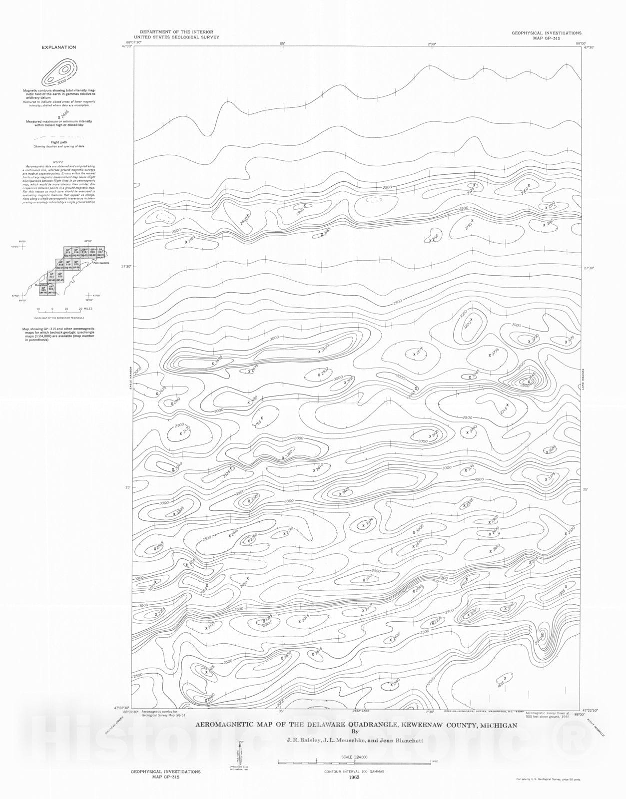 Map : Aeromagnetic map of the Delaware quadrangle, Keweenaw County, Michigan, 1963 Cartography Wall Art :