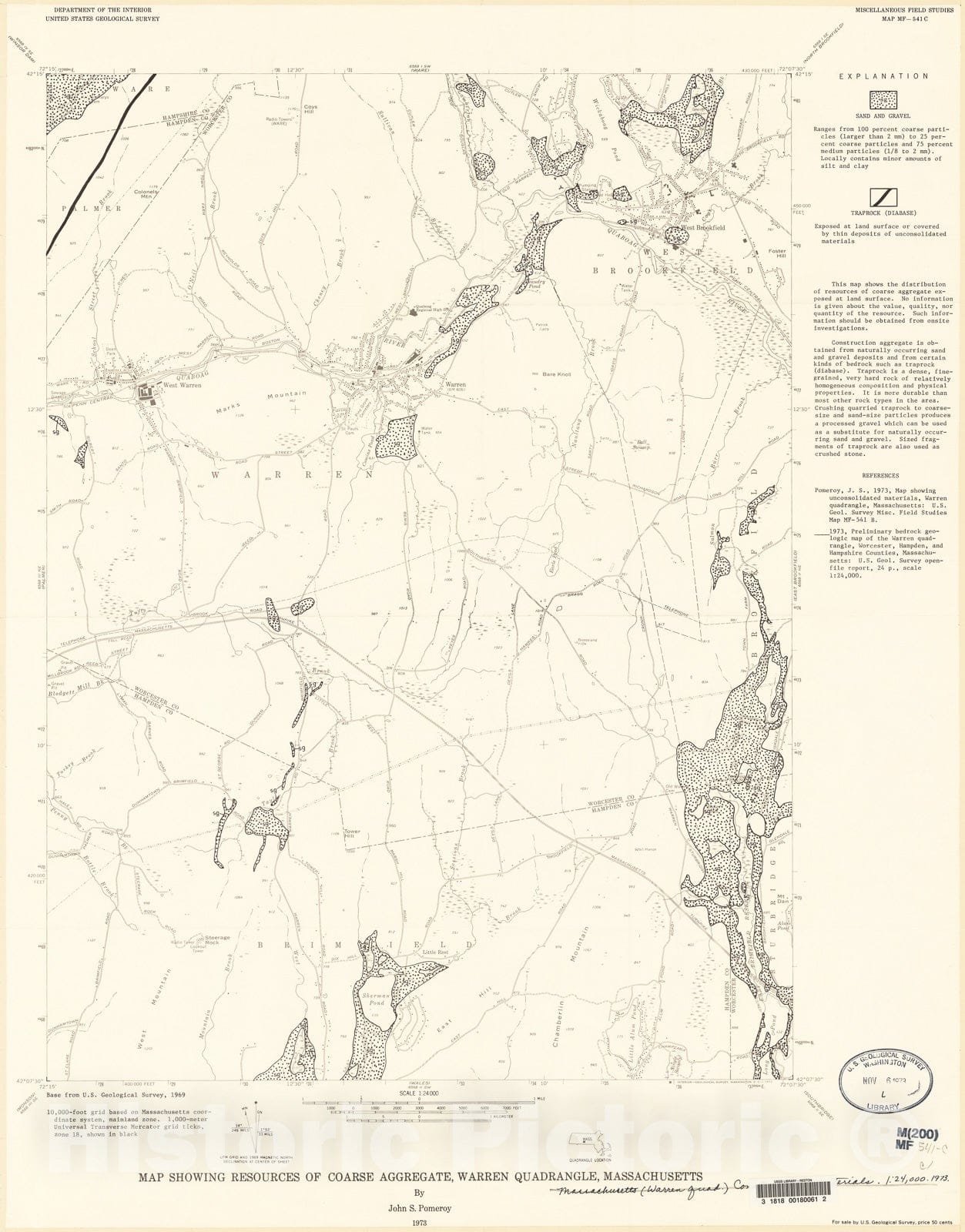 Map : Map showing resources of coarse aggregate, Warren quadrangle, Massachusetts, 1973 Cartography Wall Art :
