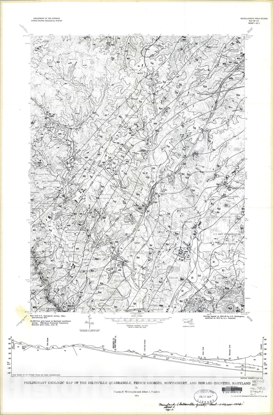 Map : Preliminary geologic map of the Beltsville quadrangle, Prince Georges, Montgomery, and Howard Counties, Maryland, 1974 Cartography Wall Art :