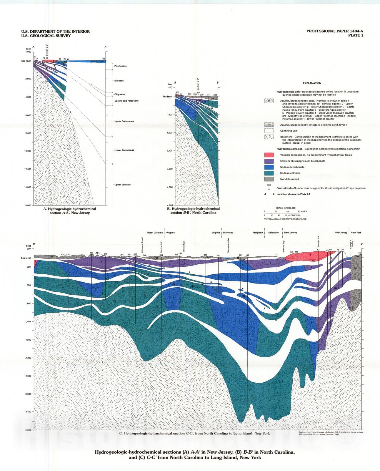 Map : The regional aquifer system underlying the northern Atlantic coastal plain in parts of North Carolina, Virginia, Maryland, Delaware, 1992 Cartography Wall Art :