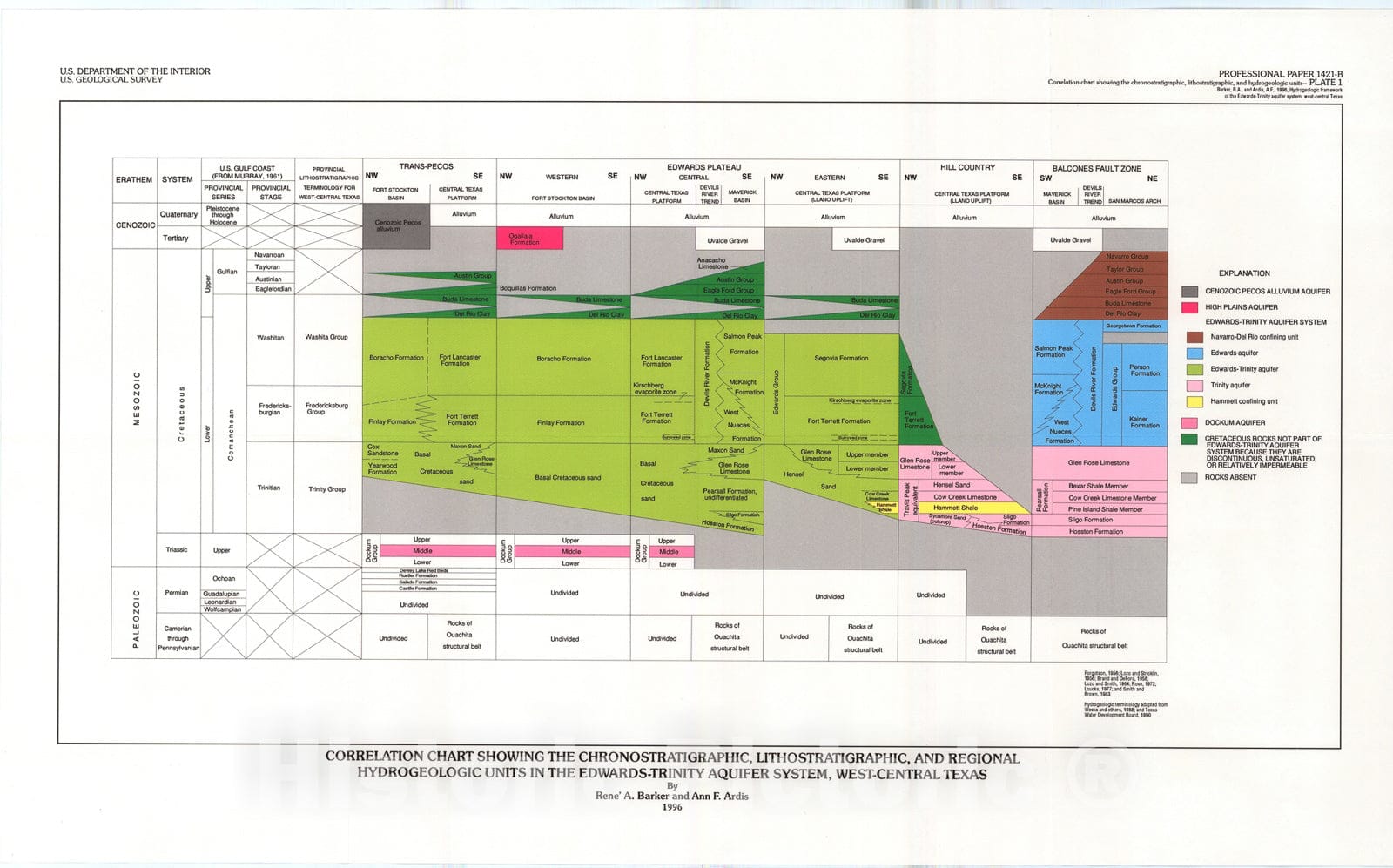 Map : Hydrogeologic framework of the Edwards-Trinity aquifer system, west-central Texas, 1996 Cartography Wall Art :