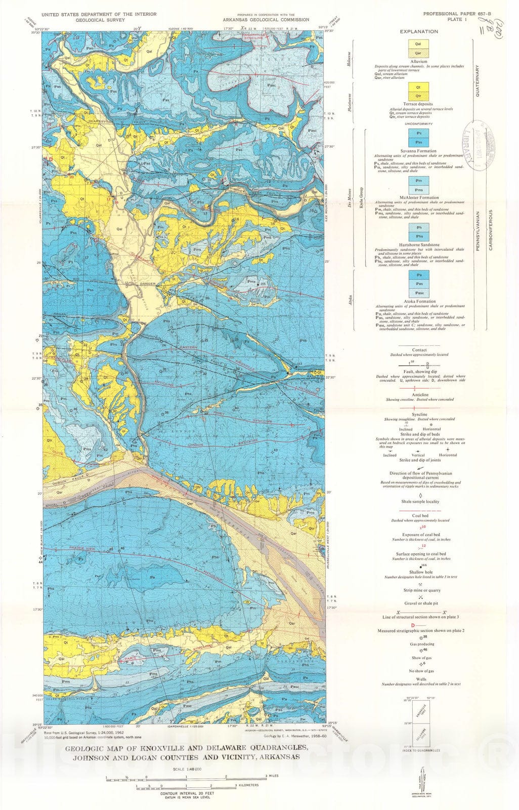 Map : Geology of the Knoxville and Delaware quadrangles, Johnson and Logan Counties and vicinity, Arkansas, 1971 Cartography Wall Art :