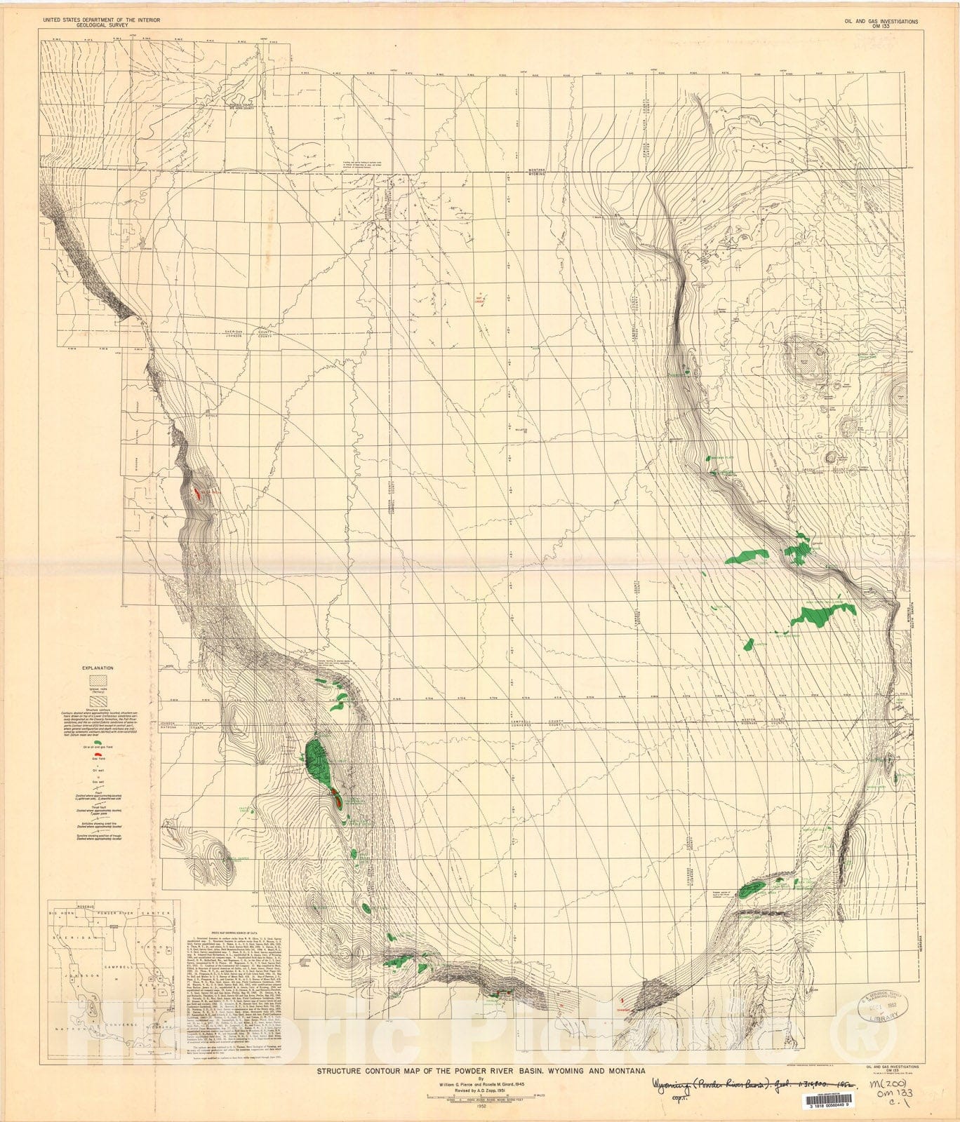Map : Structure contour map of the Powder River basin, Wyoming and Montana, 1945 Cartography Wall Art :