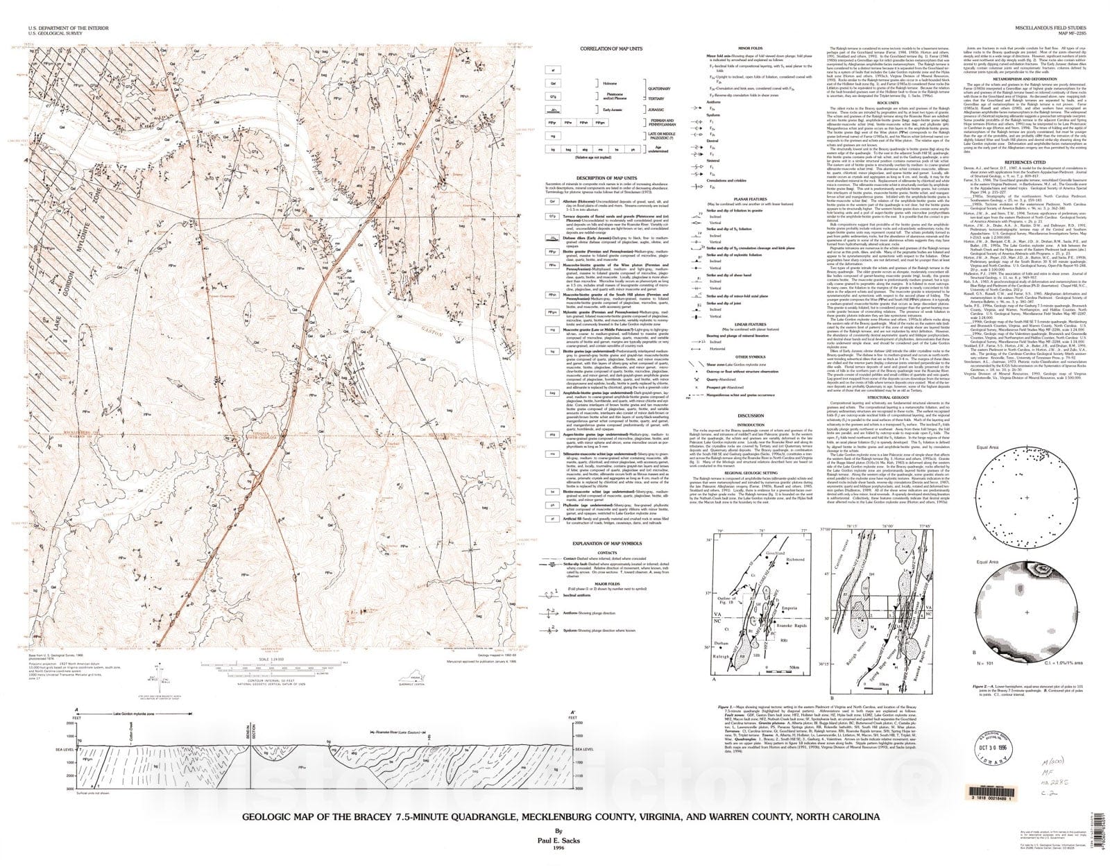 Map : Geologic map of the Bracey 7.5-minute quadrangle, Mecklenburg County, Virginia, and Warren County, North Carolina, 1996 Cartography Wall Art :