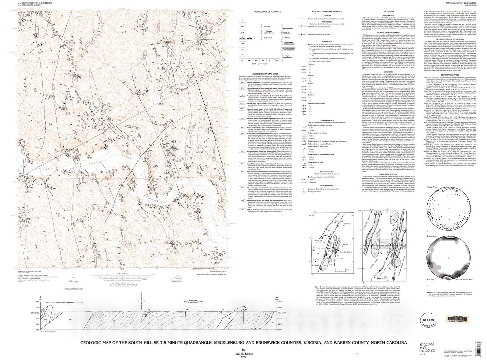 Map : Geologic map of the South Hill SE 7.5-minute quadrangle, Mecklenburg and Brunswick Counties, Virginia, and Warren County, North Carolina, 1996 Cartography Wall Art :