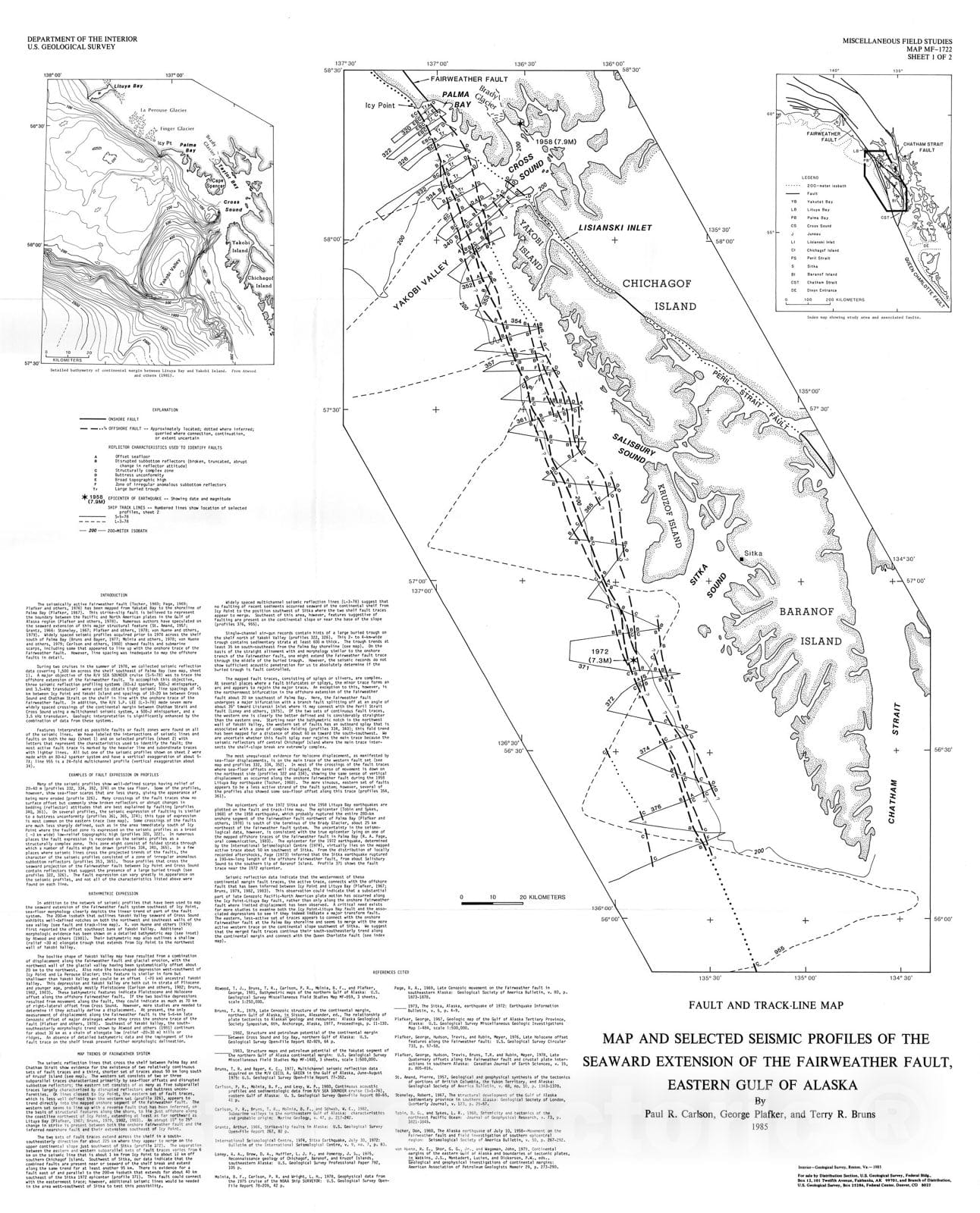 Map : Map and selected seismic profiles of the seaward extension of the Fairweather fault, eastern Gulf of Alaska, 1985 Cartography Wall Art :