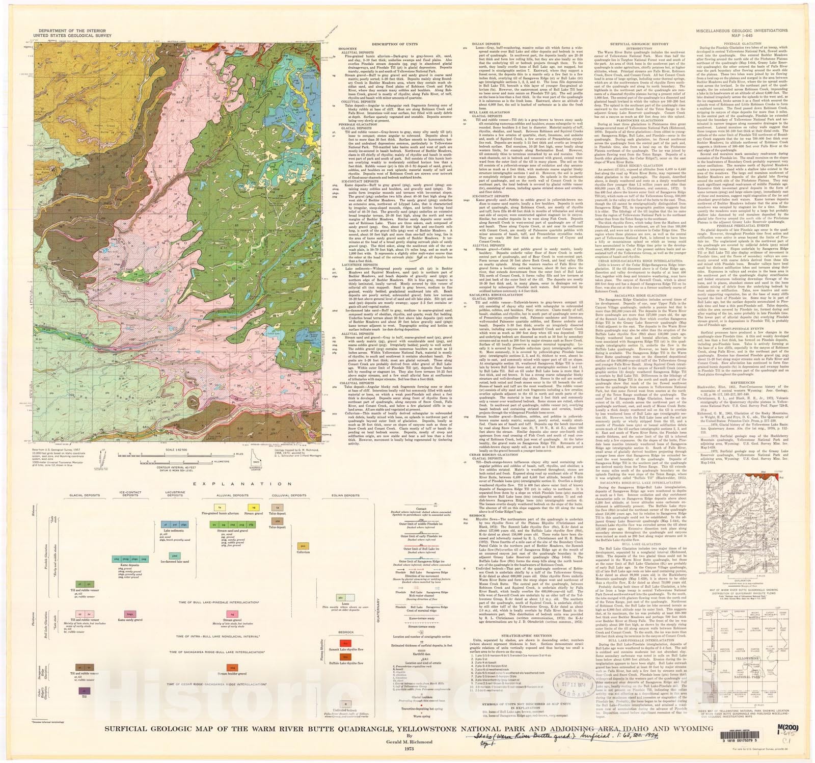 Map : Surficial geologic map of the Warm Butte quadrangle, Yellowstone National Park and adjoining area, Idaho and Wyoming, 1973 Cartography Wall Art :