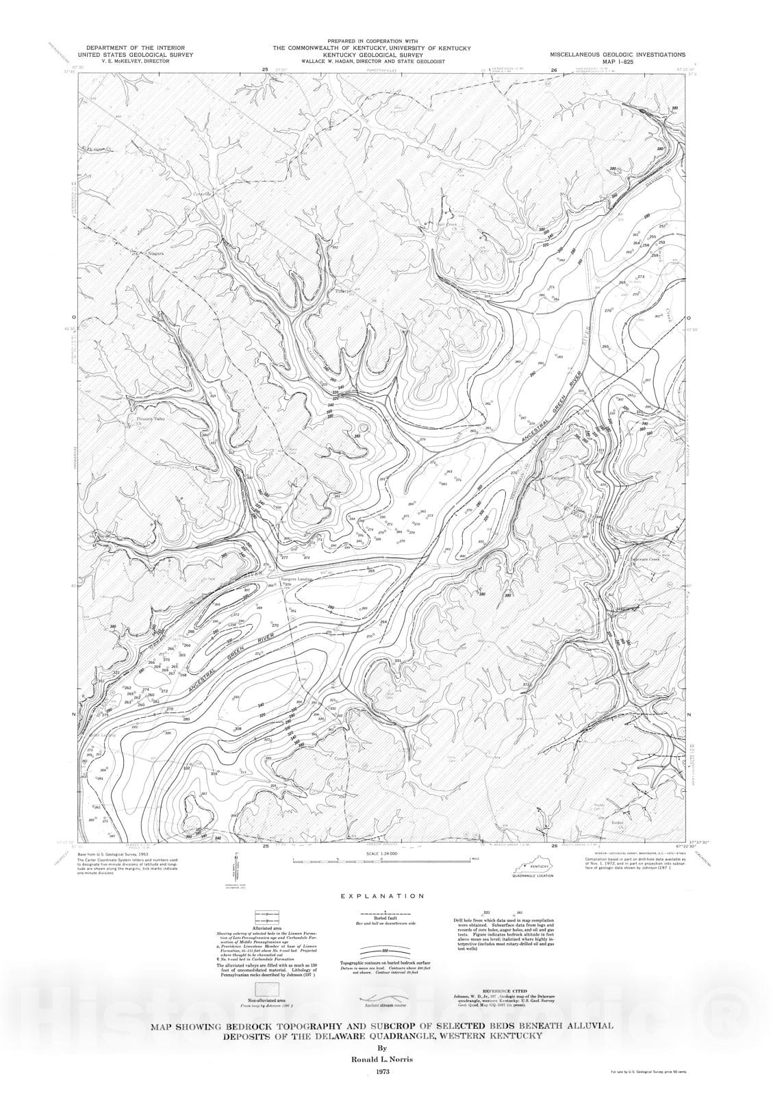 Map : Map showing bedrock topography and subcrop of selected beds beneath alluvium deposits of the Delaware quadrangle, western Kentucky, 1973 Cartography Wall Art :