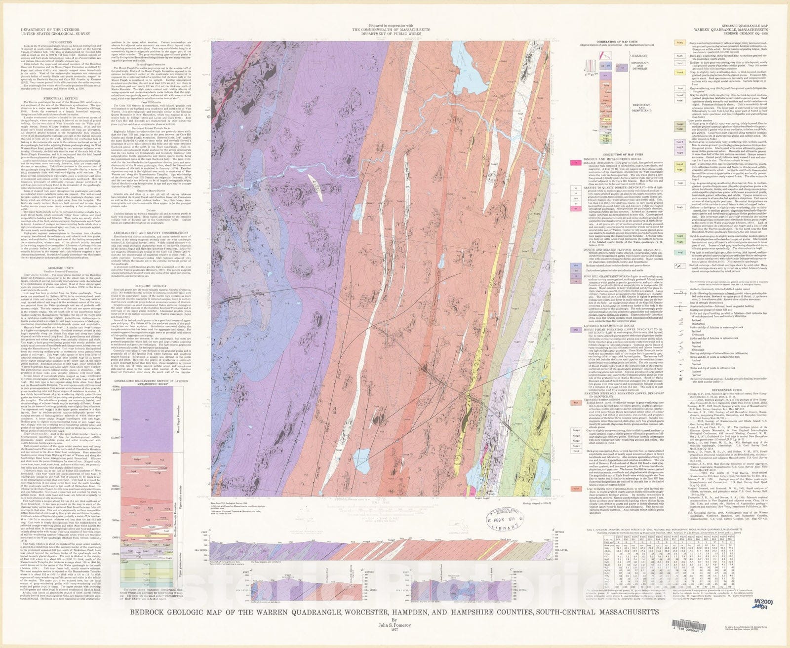Map : Bedrock geologic map of the Warren quadrangle, Worcester, Hampden, and Hampshire Counties, south-central Massachusetts, 1977 Cartography Wall Art :