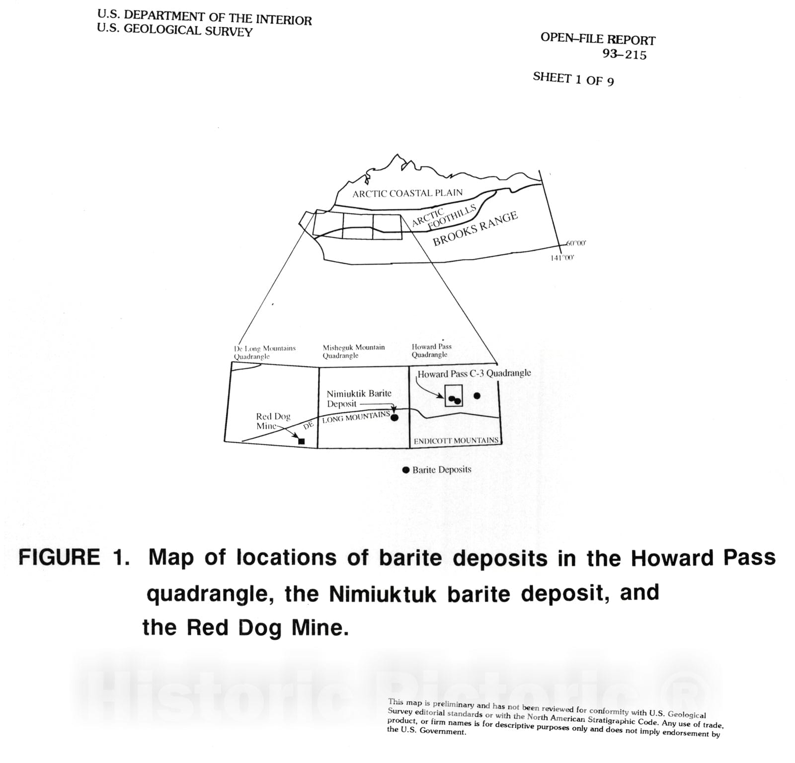 Map : Barite deposits in the Howard Pass quadrangle and possible relations to barite elsewhere in the northwestern Brooks Range, Alaska, 1993 Cartography Wall Art :